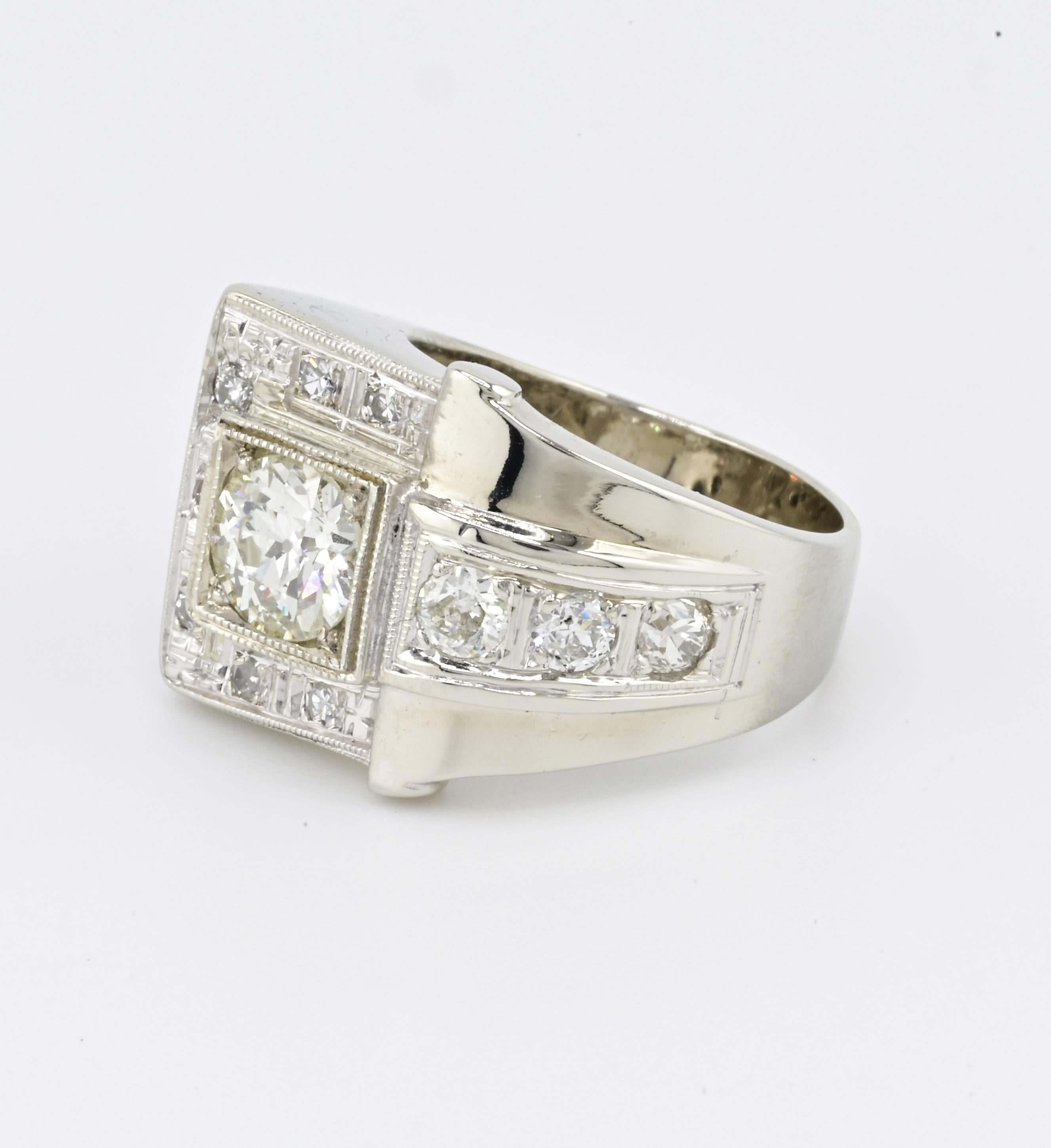 Women's or Men's Art Deco GIA 1.00 Carat M Color VS2 Diamond Ring 14K White Gold Ring Size 5.75 For Sale