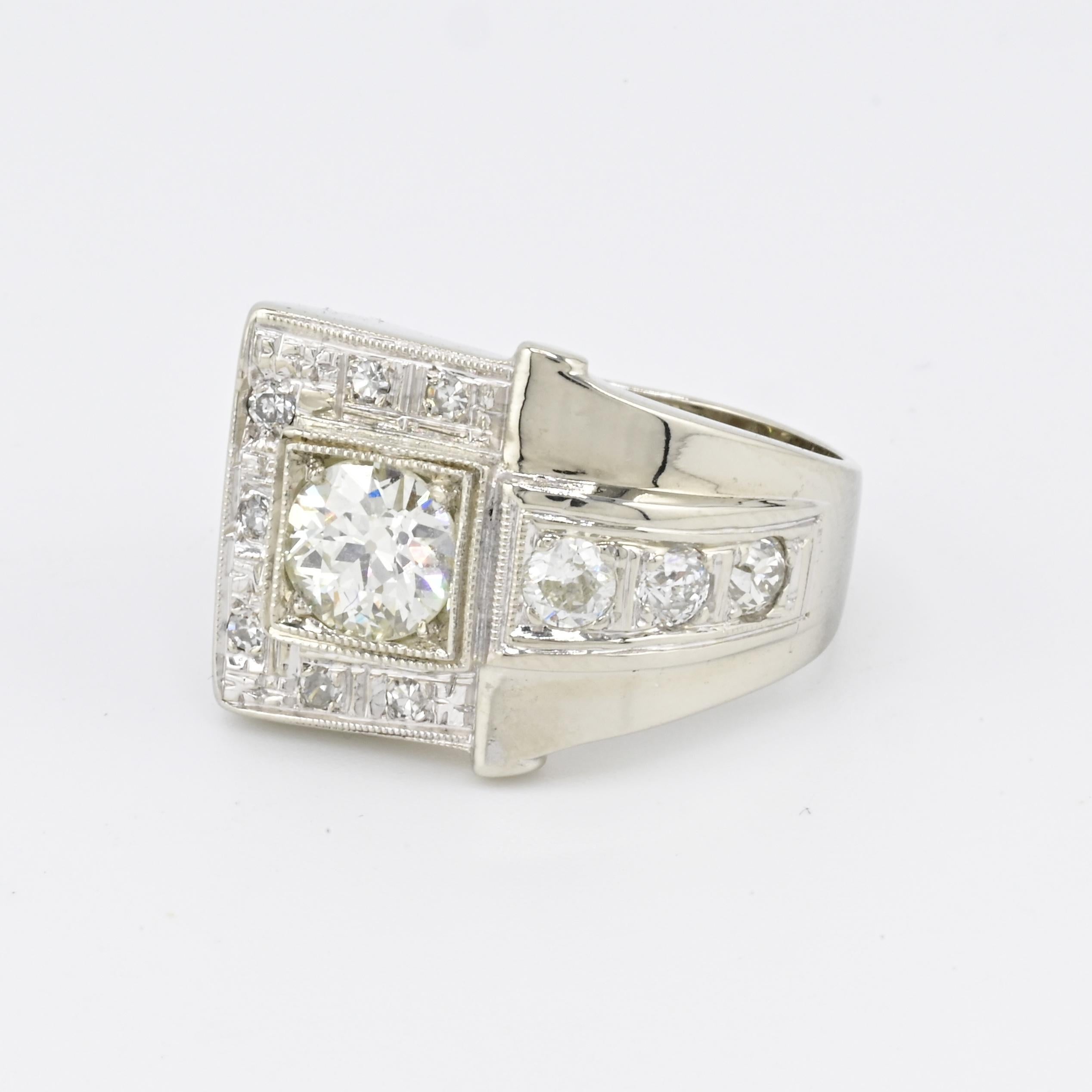 Art Deco GIA 1.00 Carat M Color VS2 Diamond Ring 14K White Gold Ring Size 5.75 For Sale 3