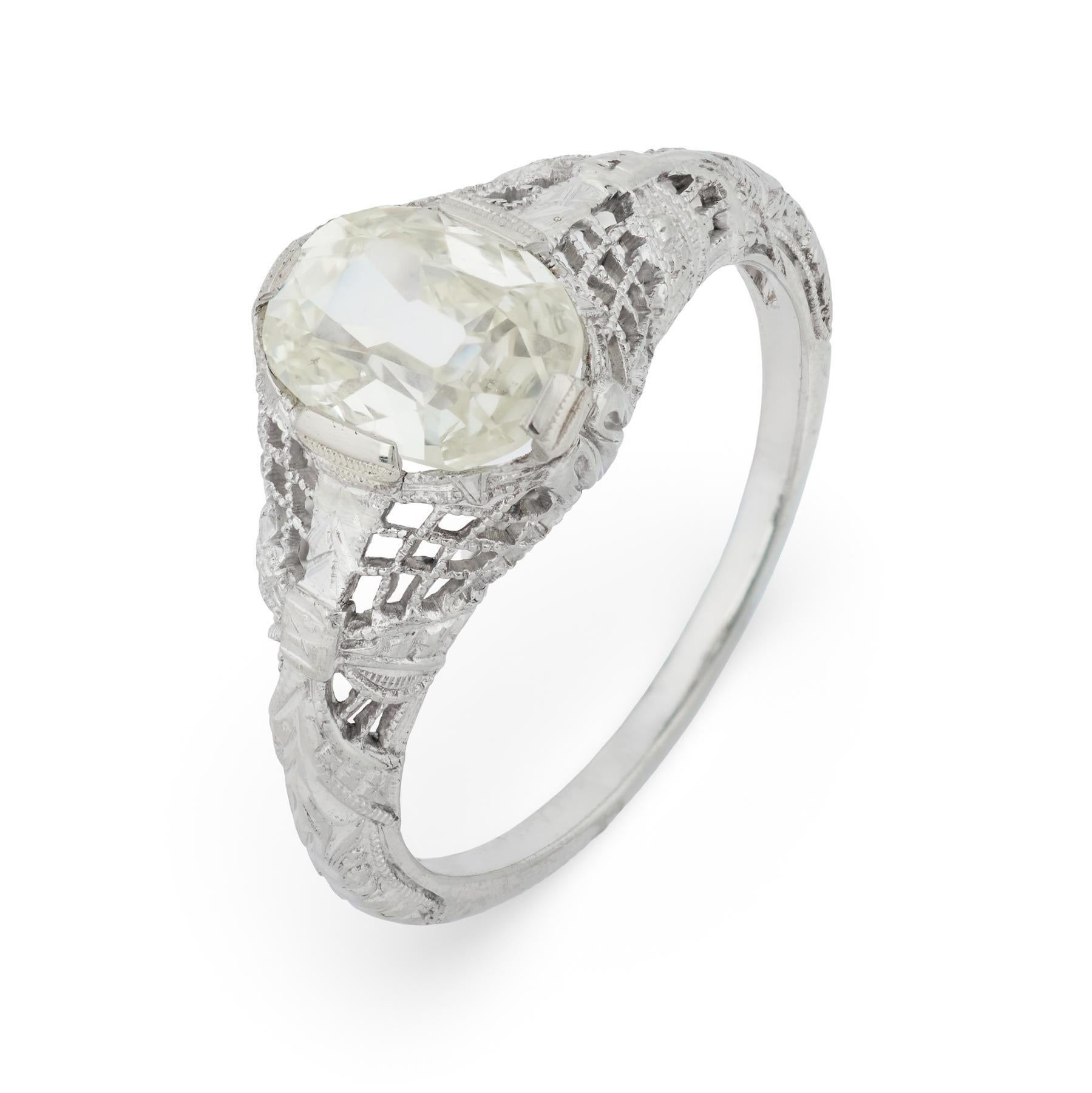 Bague de fiançailles Art déco GIA 1,00 carat diamant taille ancienne 18k or blanc