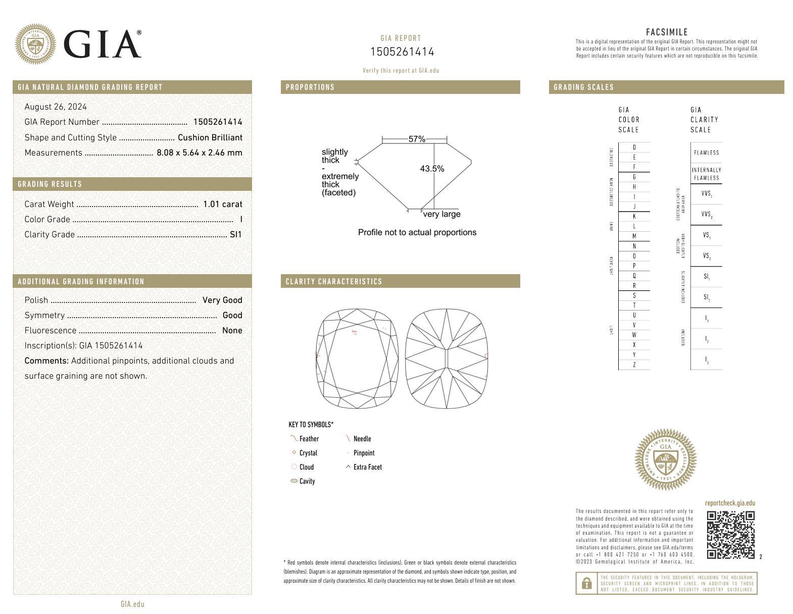 Women's or Men's Art Deco GIA 1.01 carat cushion cut diamond platinum ring