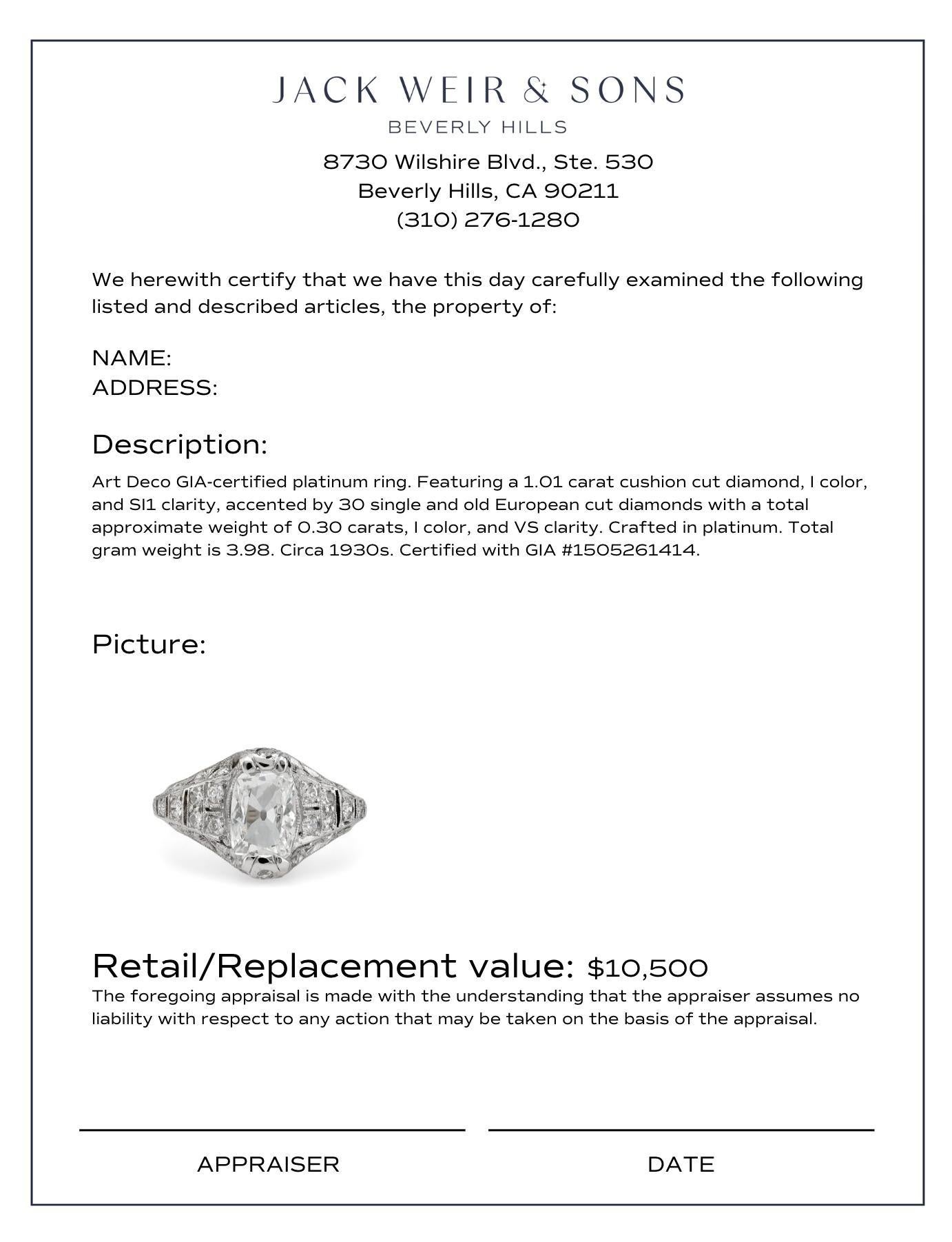 Art Deco GIA 1.01 carat cushion cut diamond platinum ring 1