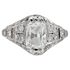 Art Deco GIA 1.01 carat cushion cut diamond platinum ring