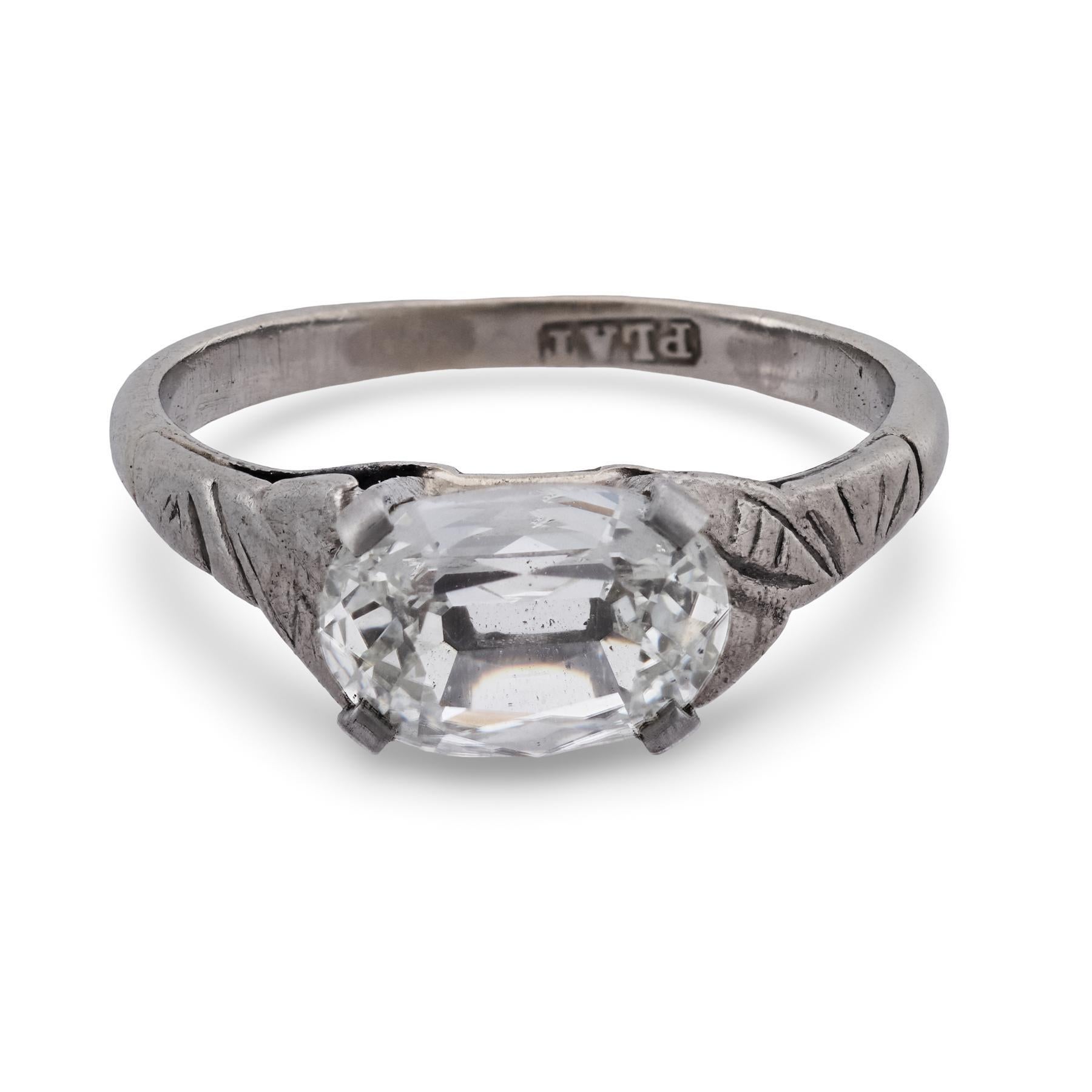 Anillo de compromiso de platino con diamante talla antigua Art Déco GIA de 1,01 quilates alargado Art Decó en venta