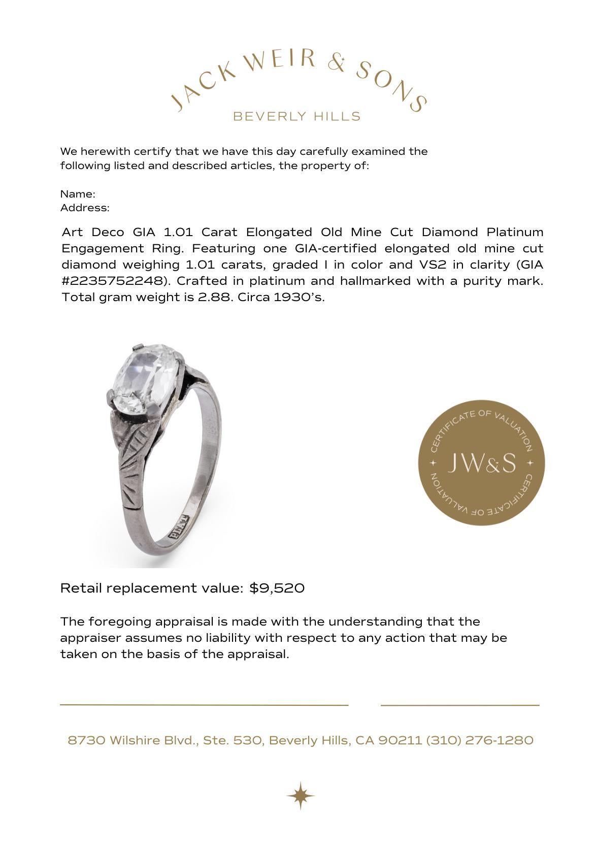 Anillo de compromiso de platino con diamante talla antigua Art Déco GIA de 1,01 quilates alargado en venta 2