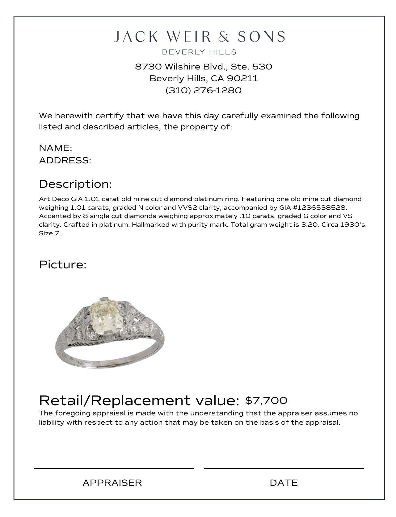 Bague de fiançailles Art déco en platine avec diamant taille ancienne de 1.01 carat, certifié GIA en vente 1