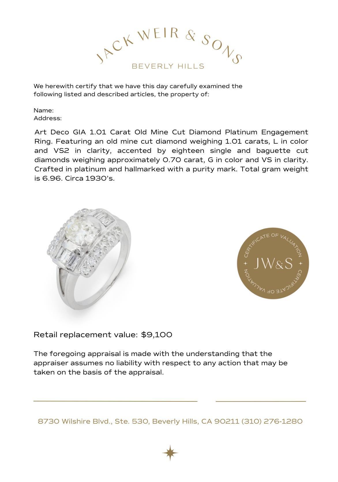 Bague de fiançailles Art déco en platine avec diamant taille ancienne de 1.01 carat, certifié GIA en vente 2