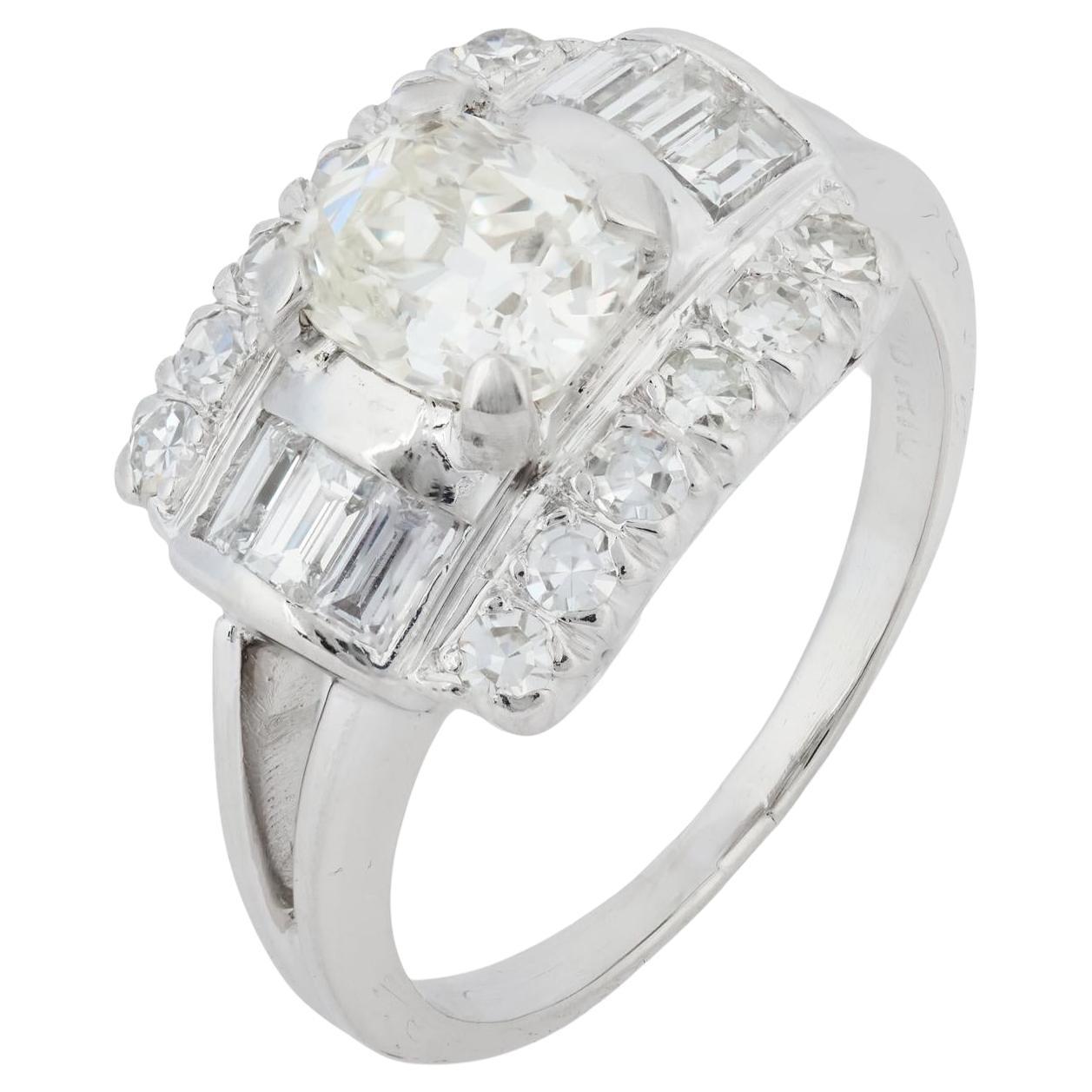 Bague de fiançailles Art déco en platine avec diamant taille ancienne de 1.01 carat, certifié GIA