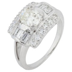 Bague de fiançailles Art déco en platine avec diamant taille ancienne de 1.01 carat, certifié GIA