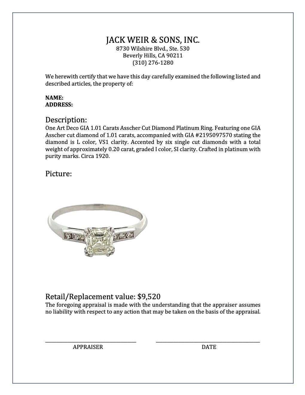 Art Deco GIA 1.01 Carats Asscher Cut Diamond Platinum Ring 4
