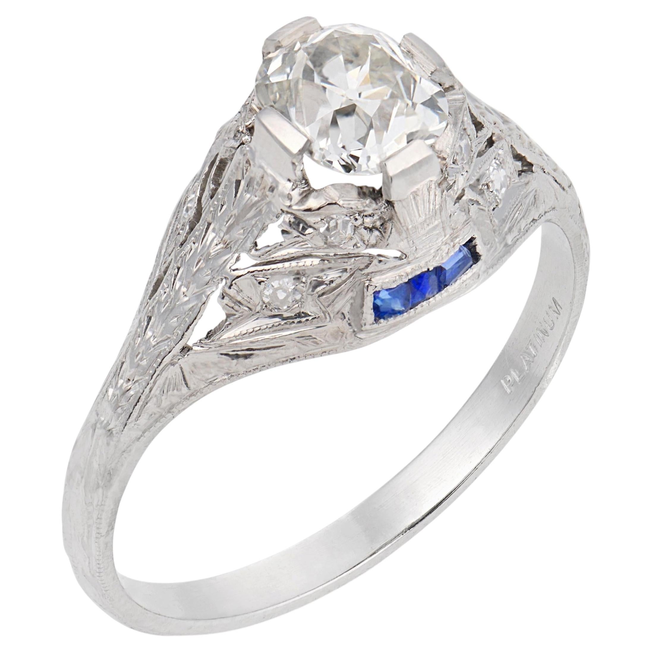 Art Deco GIA 1.02 carat diamond sapphire platinum engagement ring