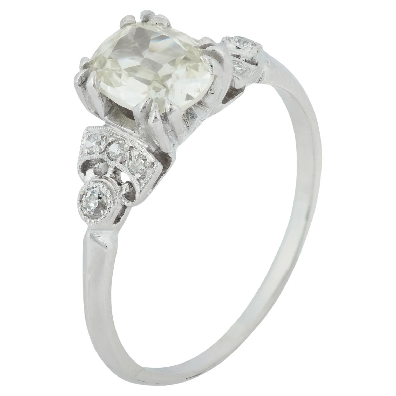 Bague de fiançailles Art déco en platine avec diamant taille ancienne de 1.02 carat, certifié GIA