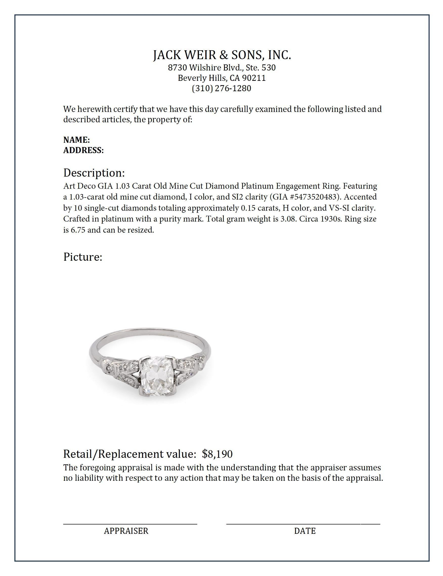 Art Deco GIA 1.03 carat old mine cut diamond platinum engagement ring For Sale 1