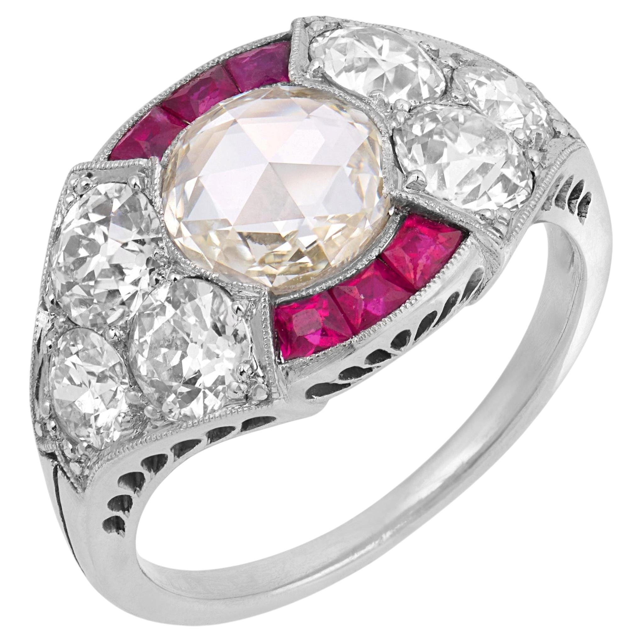 Art Deco GIA 1.03 carat rose cut diamond ruby platinum engagement ring