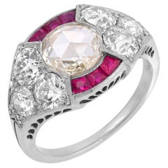 Art Deco GIA 1.03 carat rose cut diamond ruby platinum engagement ring
