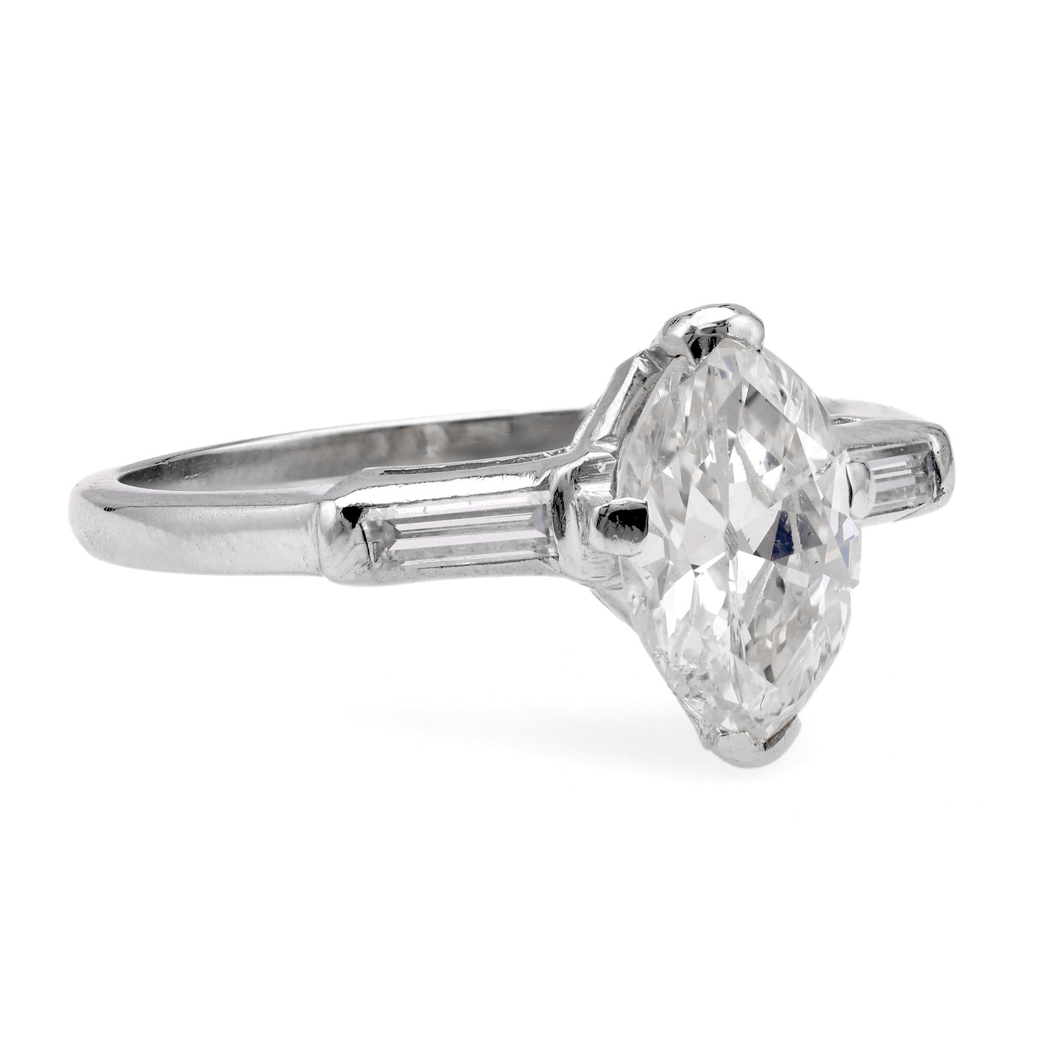 Women's or Men's Art Deco GIA 1.04 Carat Marquise Cut Diamond Platinum Ring For Sale