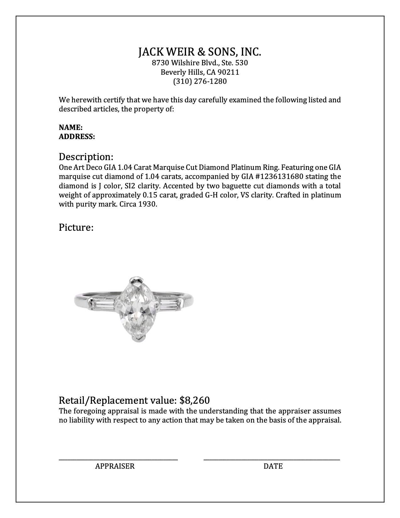 Art Deco GIA 1.04 Carat Marquise Cut Diamond Platinum Ring For Sale 1