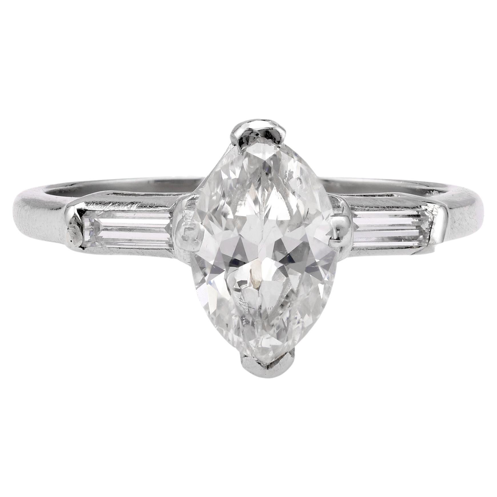 Art Deco GIA 1.04 Carat Marquise Cut Diamond Platinum Ring For Sale