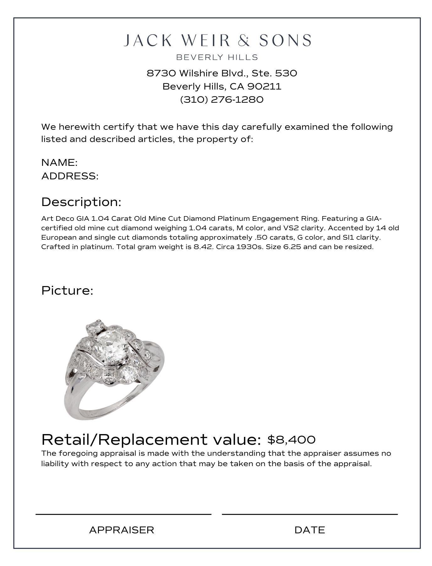 Women's Art Deco GIA 1.04 carat old mine cut diamond platinum engagement ring
