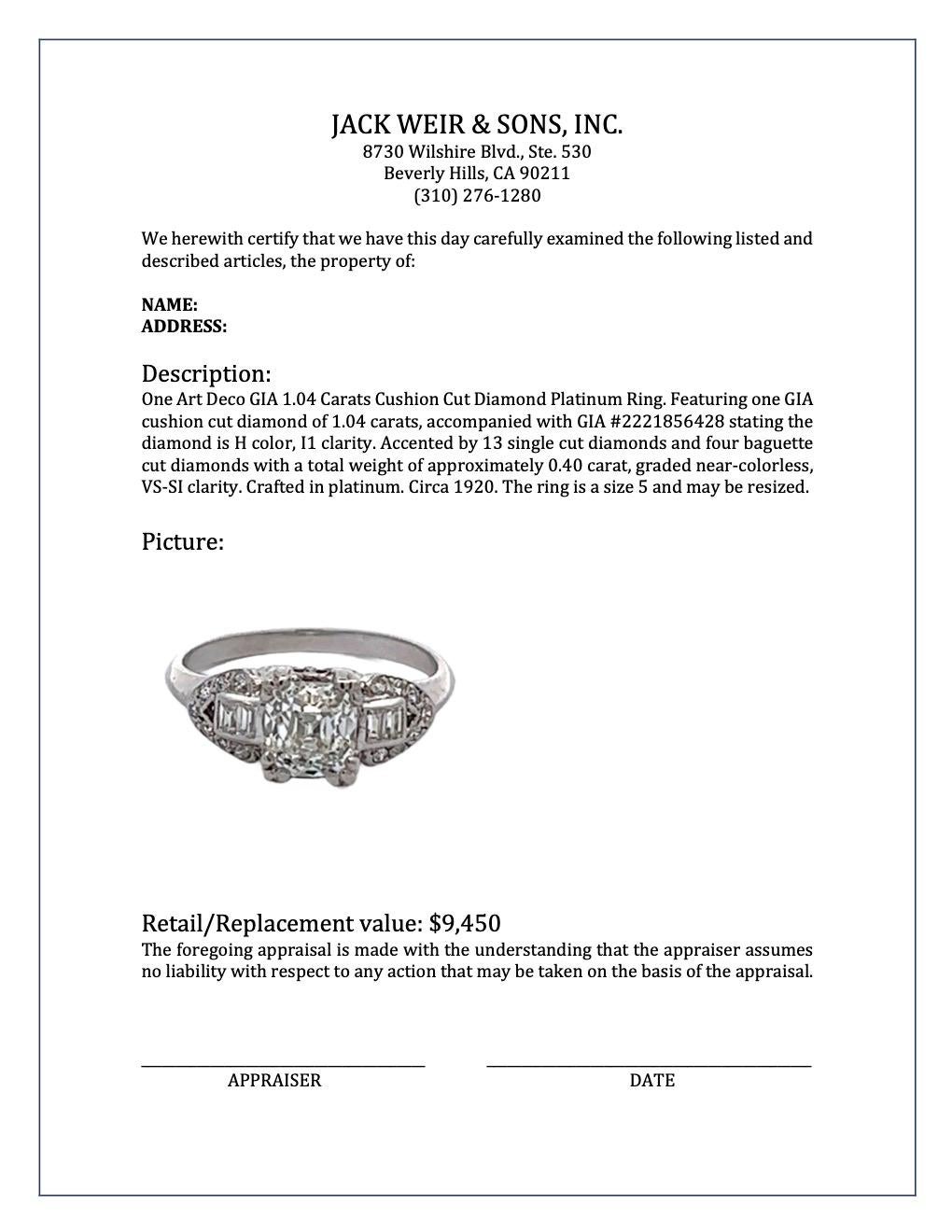 Art Deco GIA 1.04 Carats Cushion Cut Diamond Platinum Ring 4