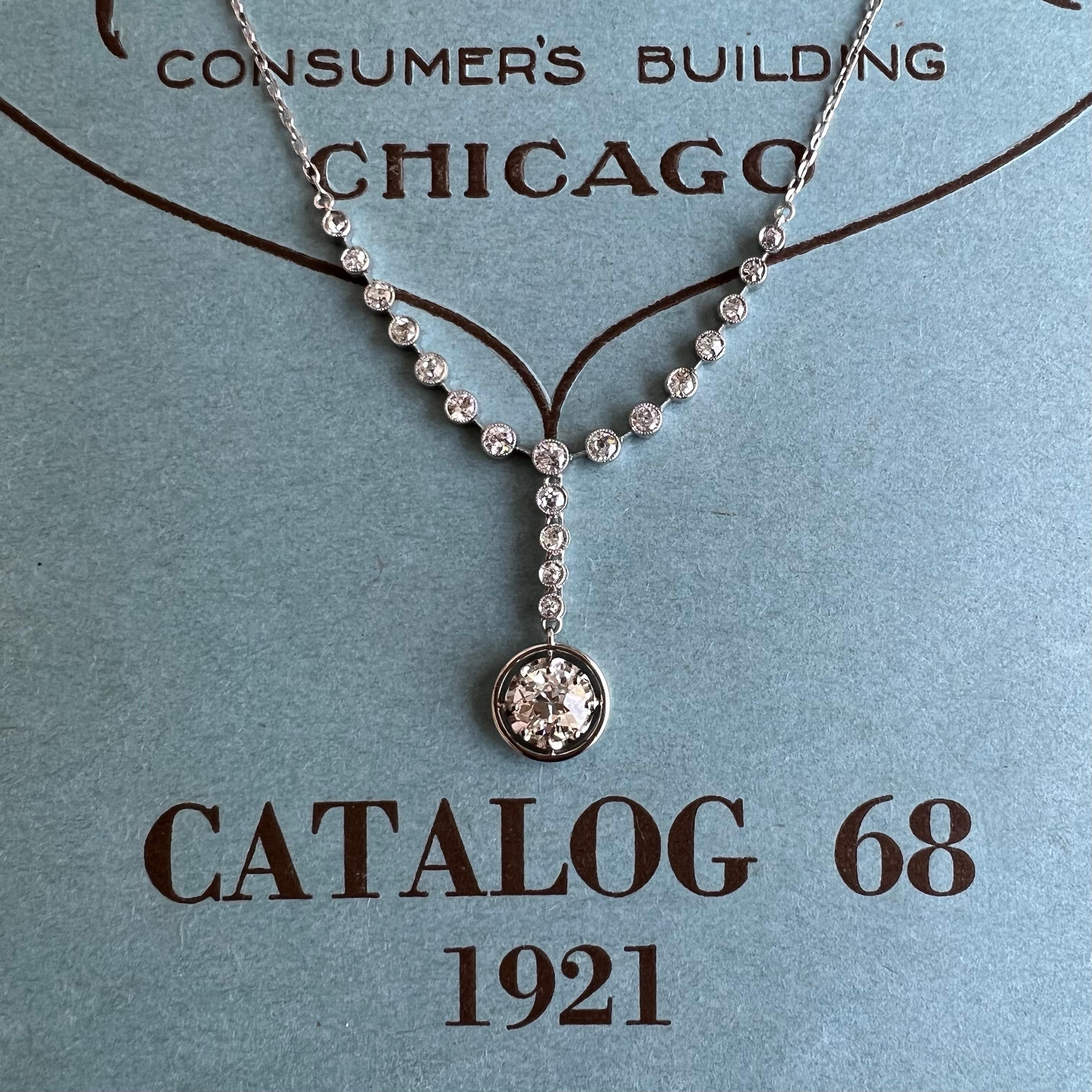 Women's or Men's Art Deco GIA 1.04 Carats Old European Cut Diamond Platinum Necklace