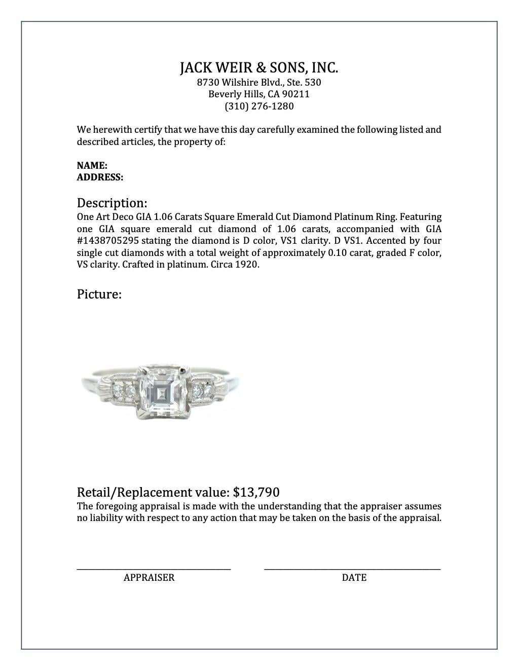 Art Deco GIA 1.06 Carats Square Emerald Cut Diamond Platinum Ring 4