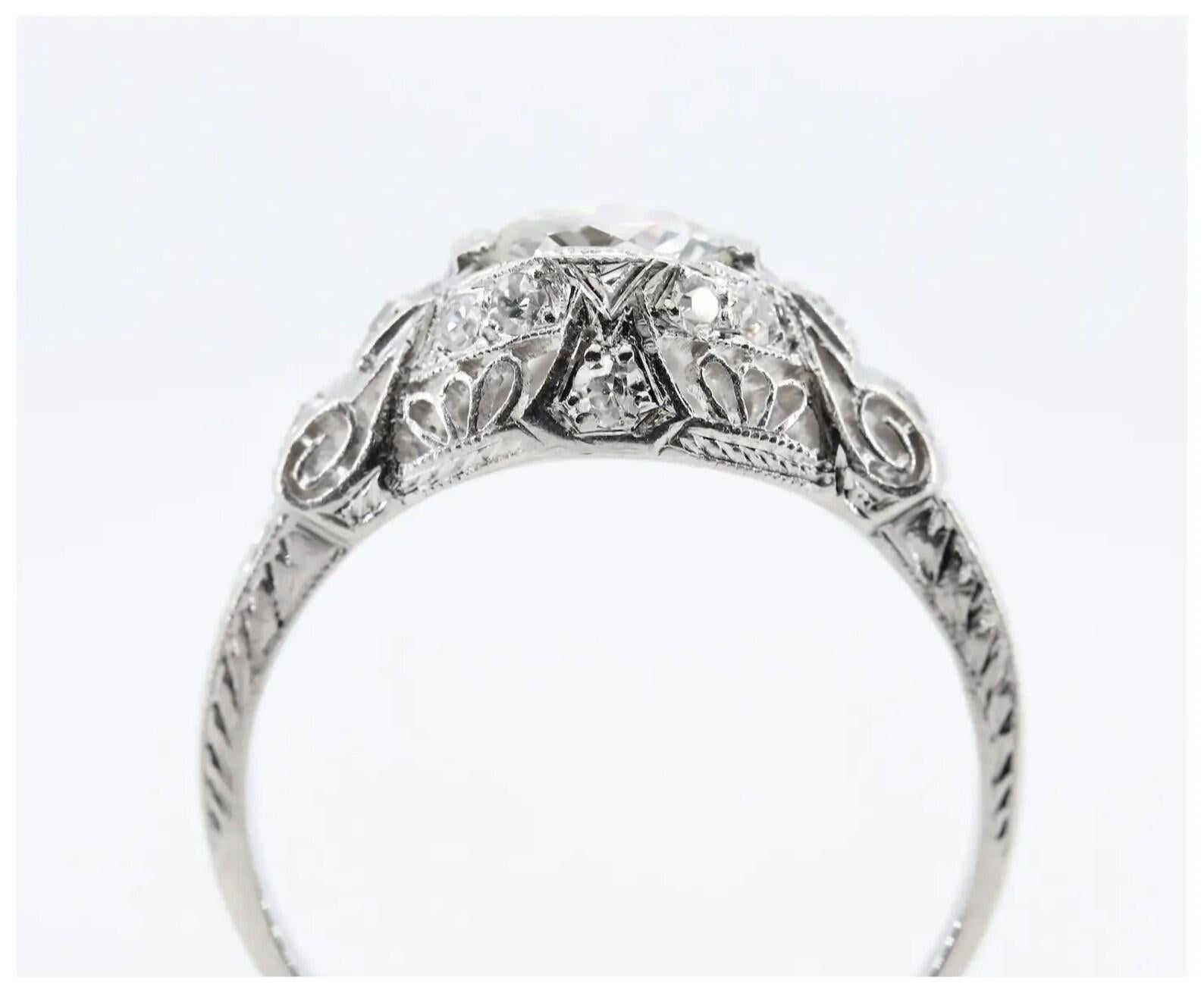 Women's or Men's Art Deco GIA 1.06ct Diamond Filigree Engagement Ring in Platinum For Sale