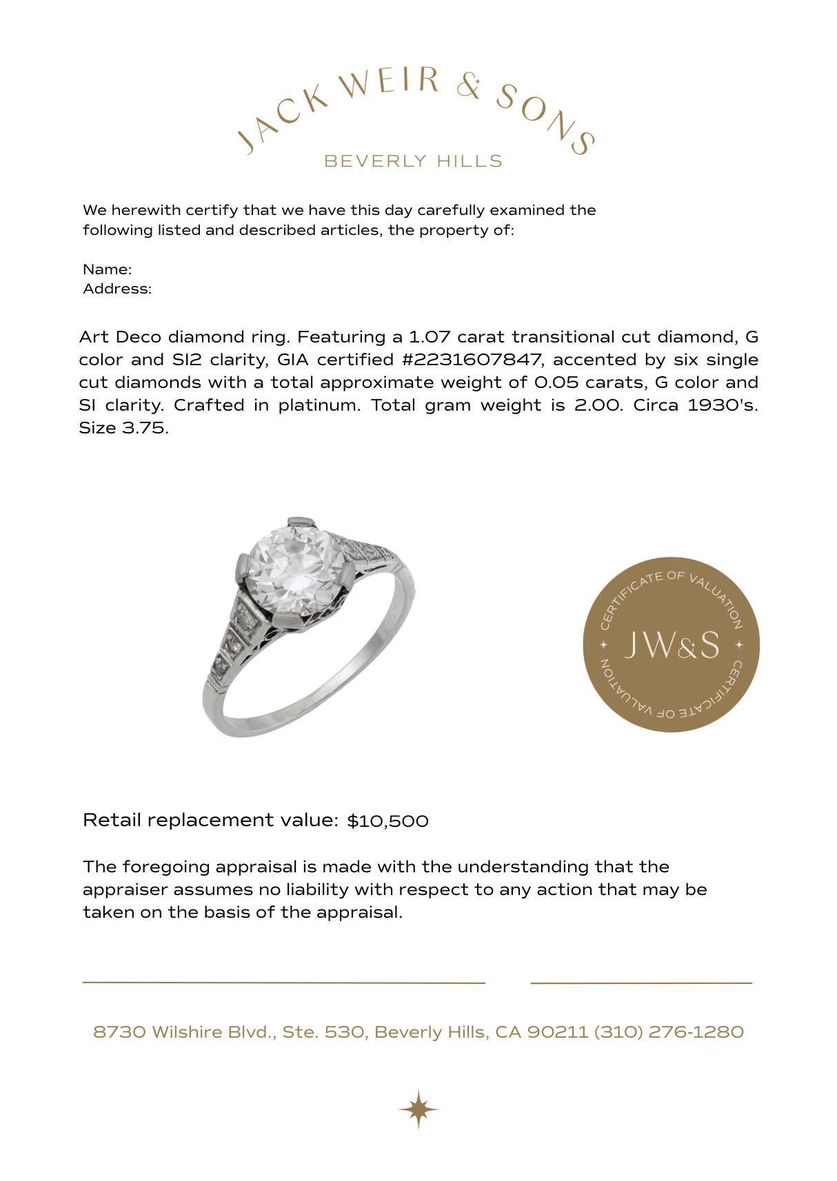 Donna Anello di fidanzamento in platino con diamante Art Deco GIA da 1.07 carati in vendita