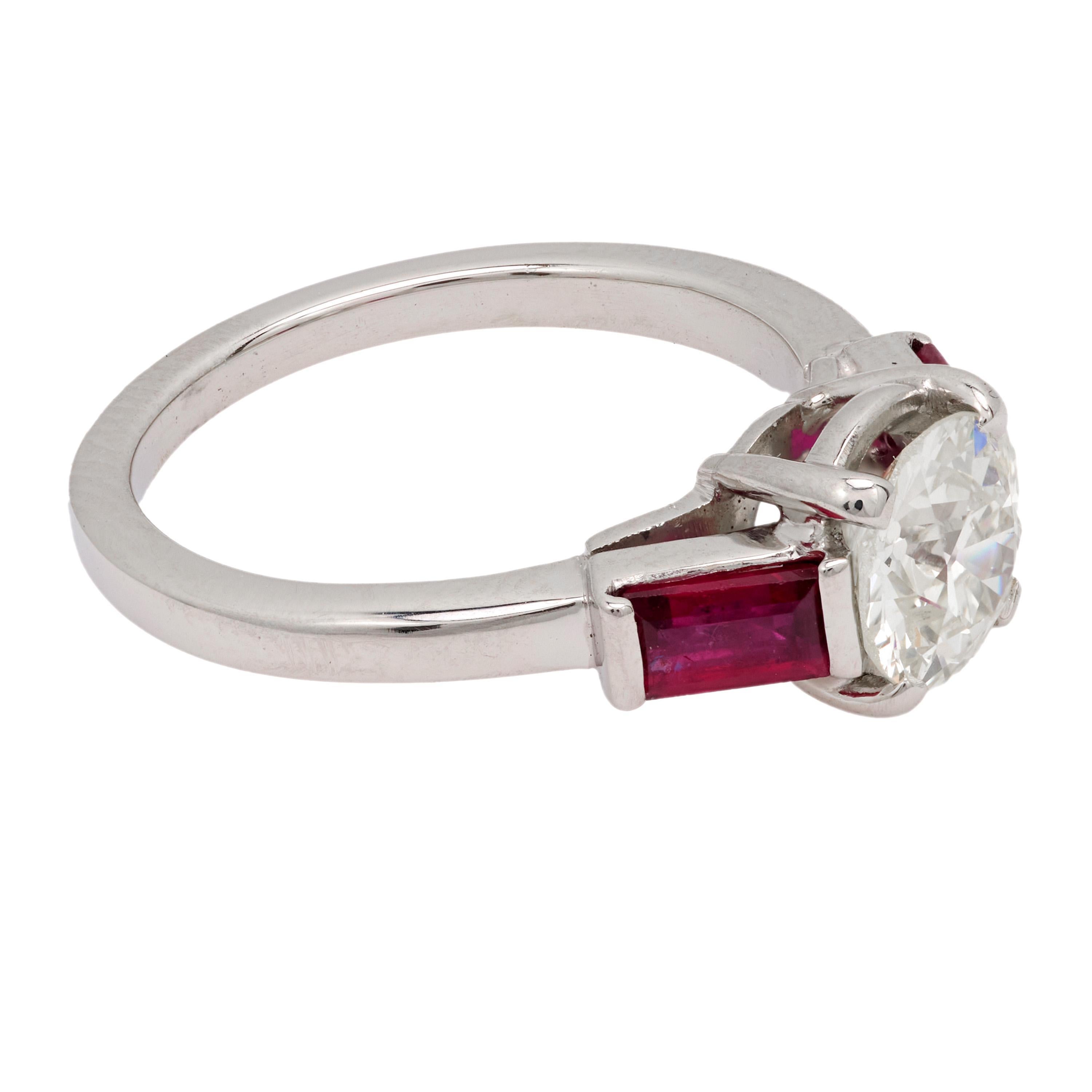Art Deco GIA 1.08 carat old European cut diamond ruby platinum engagement ring In Good Condition For Sale In Beverly Hills, CA