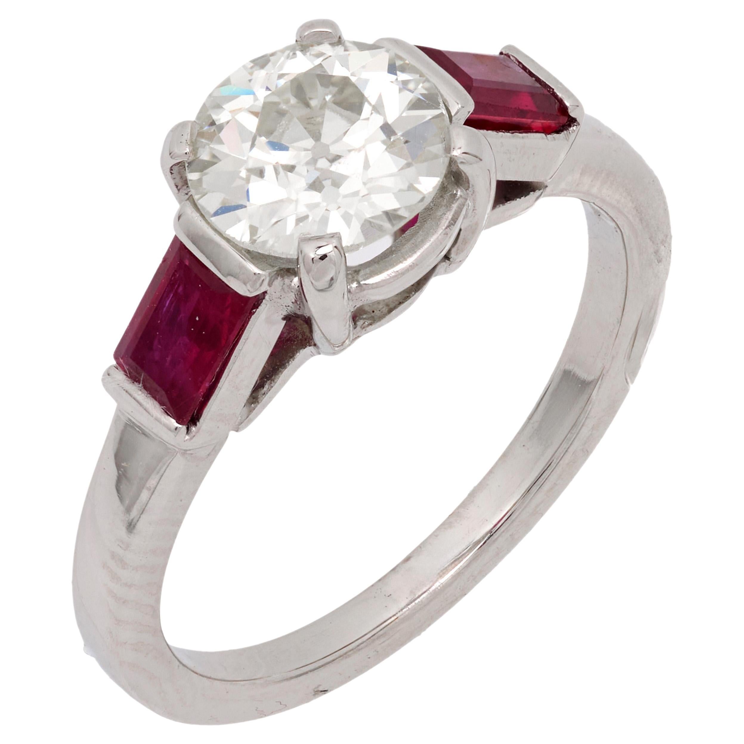 Art Deco GIA 1.08 carat old European cut diamond ruby platinum engagement ring For Sale