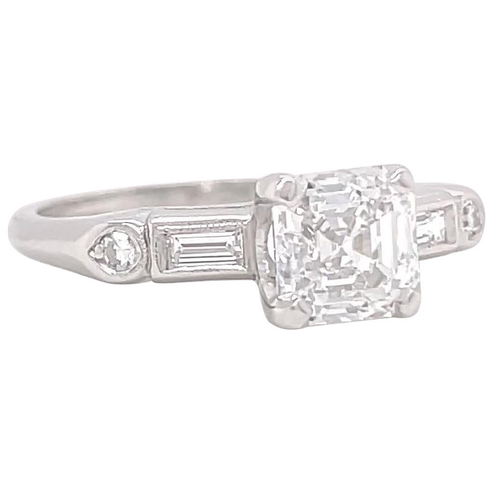 Art Deco GIA 1.10 Carat D Color Emerald Cut Diamond Platinum Engagement Ring