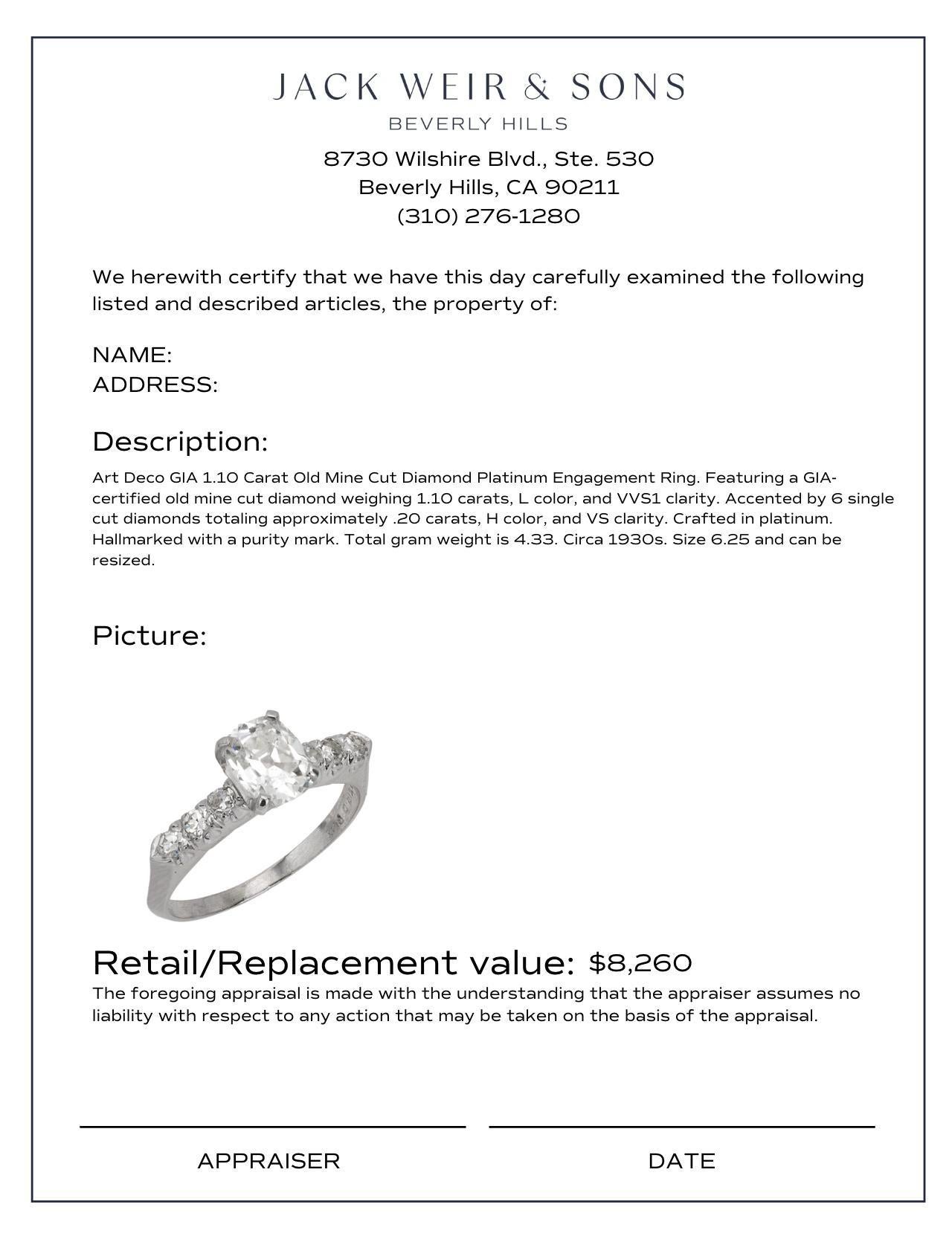 Art Deco GIA 1.10 carat old mine cut diamond platinum engagement ring In Good Condition For Sale In Beverly Hills, CA