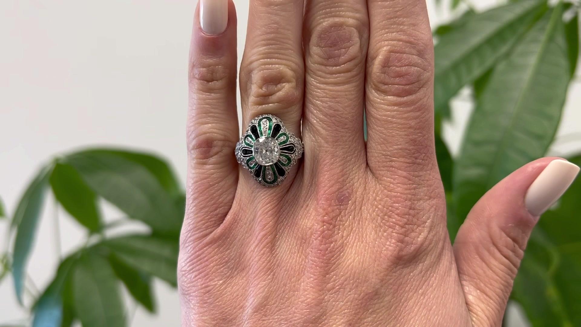 Art Deco GIA 1.11 Carat Old Mine Cut Diamond, Onyx, and Emerald Platinum Dinner  In Good Condition For Sale In Beverly Hills, CA