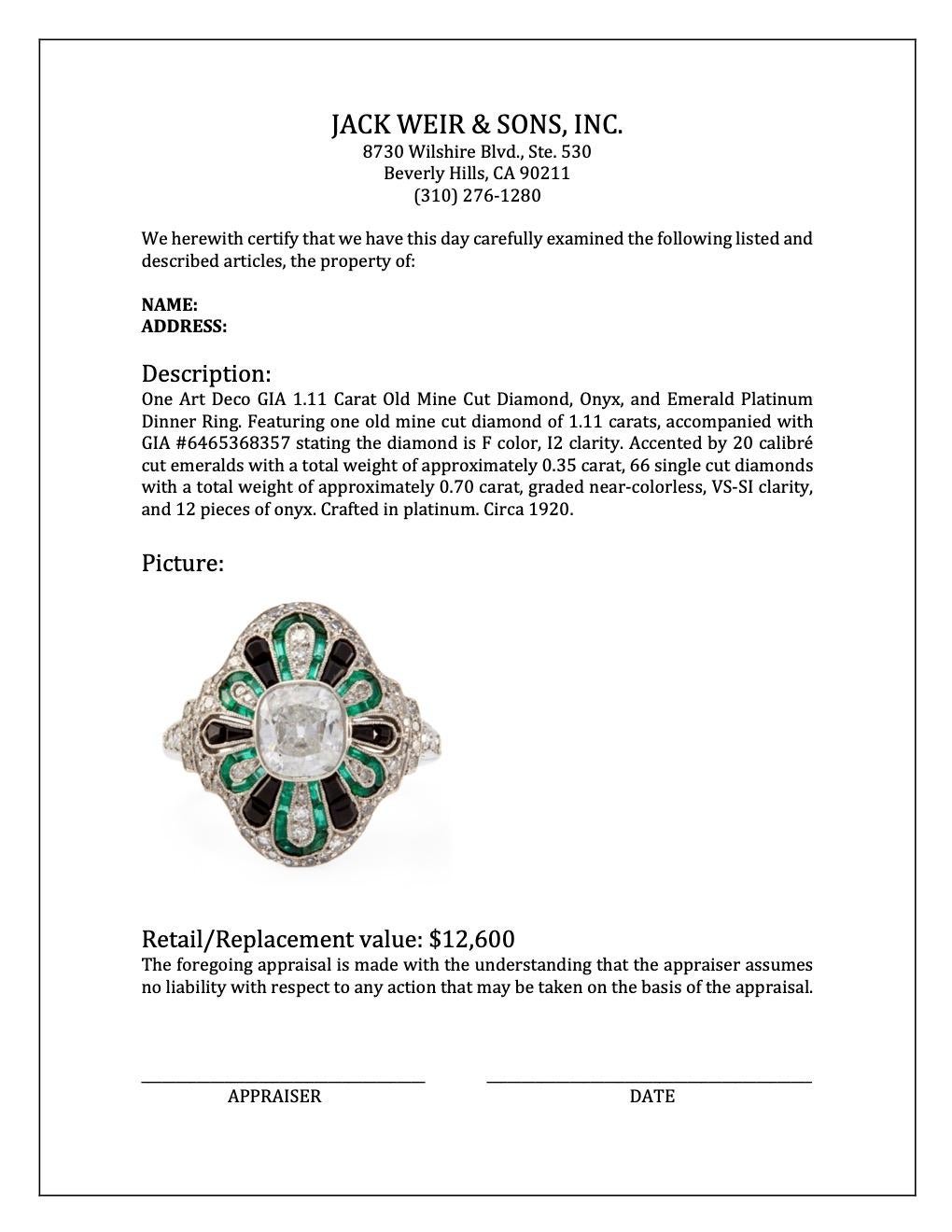 Art Deco GIA 1.11 Carat Old Mine Cut Diamond, Onyx, and Emerald Platinum Dinner  For Sale 3