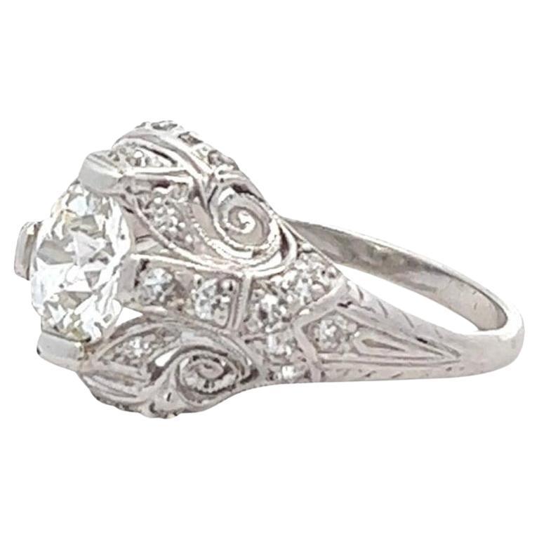 Art Deco GIA 1.12 Carats Old European Cut Diamond Platinum Filigree Ring 1