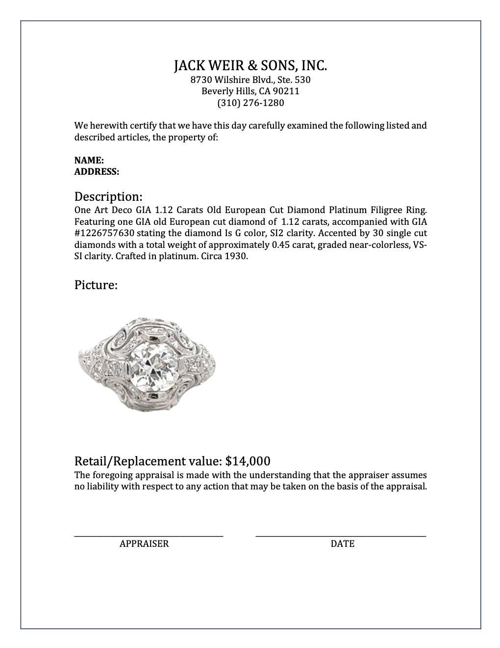 Art Deco GIA 1.12 Carats Old European Cut Diamond Platinum Filigree Ring 4