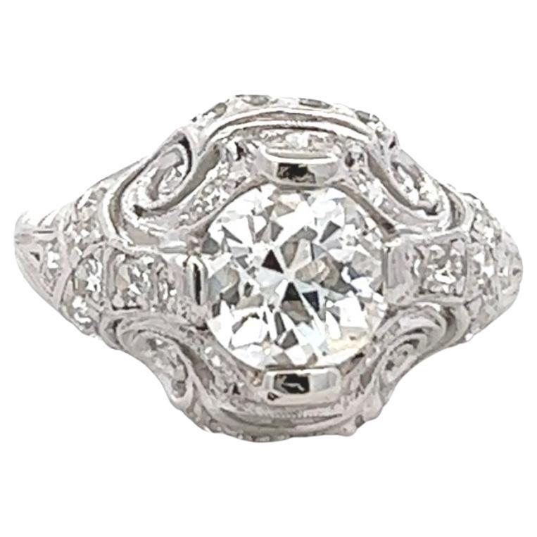 Art Deco GIA 1.12 Carats Old European Cut Diamond Platinum Filigree Ring