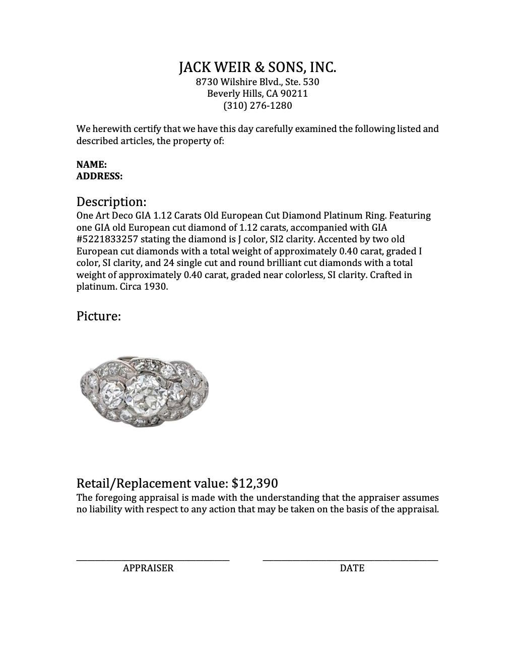 Bague Art déco en platine avec diamant taille vieille Europe de 1.12 carat certifié GIA 3