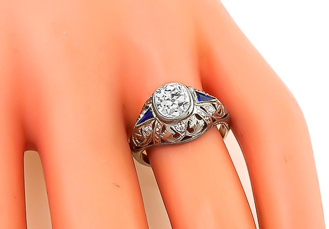 Cushion Cut Art Deco GIA 1.13 Carat Diamond Sapphire Engagement Ring For Sale