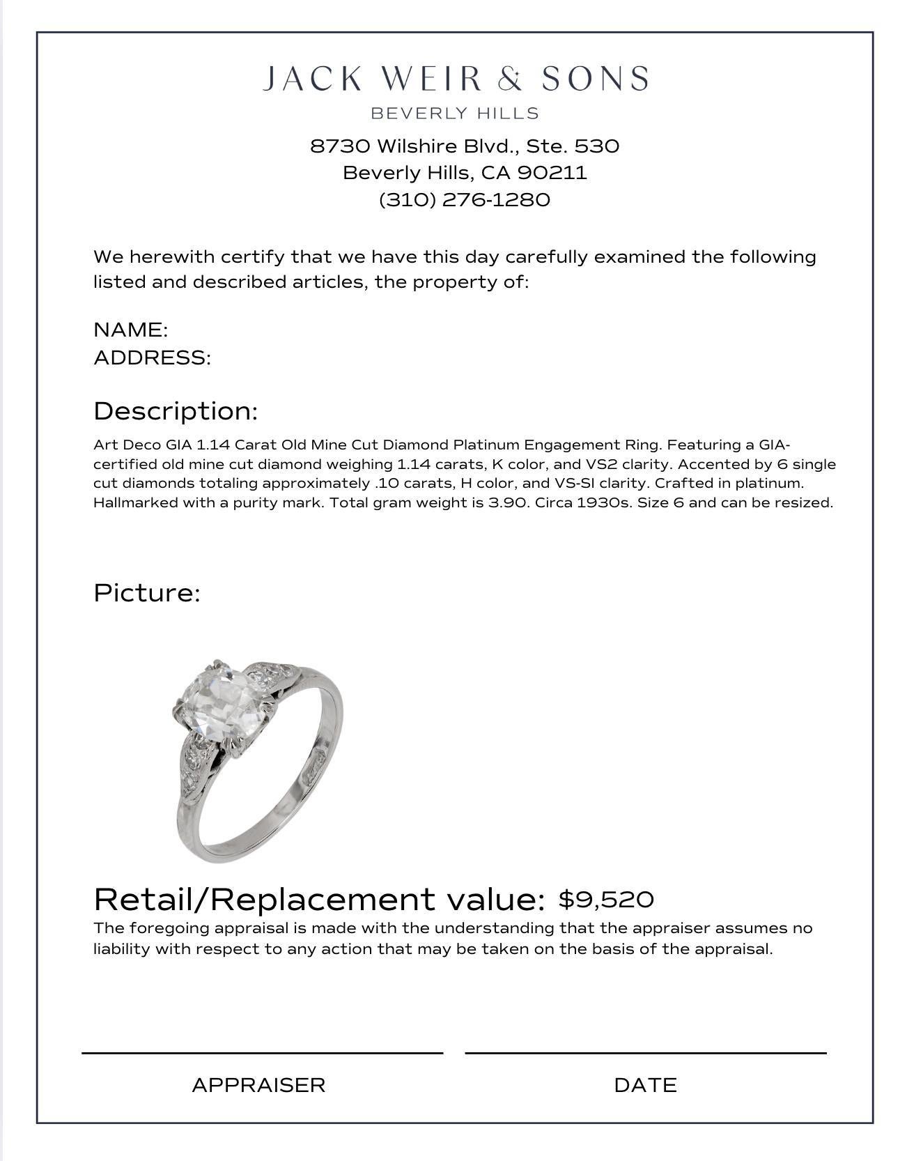 Women's Art Deco GIA 1.14 carat old mine cut diamond platinum engagement ring For Sale