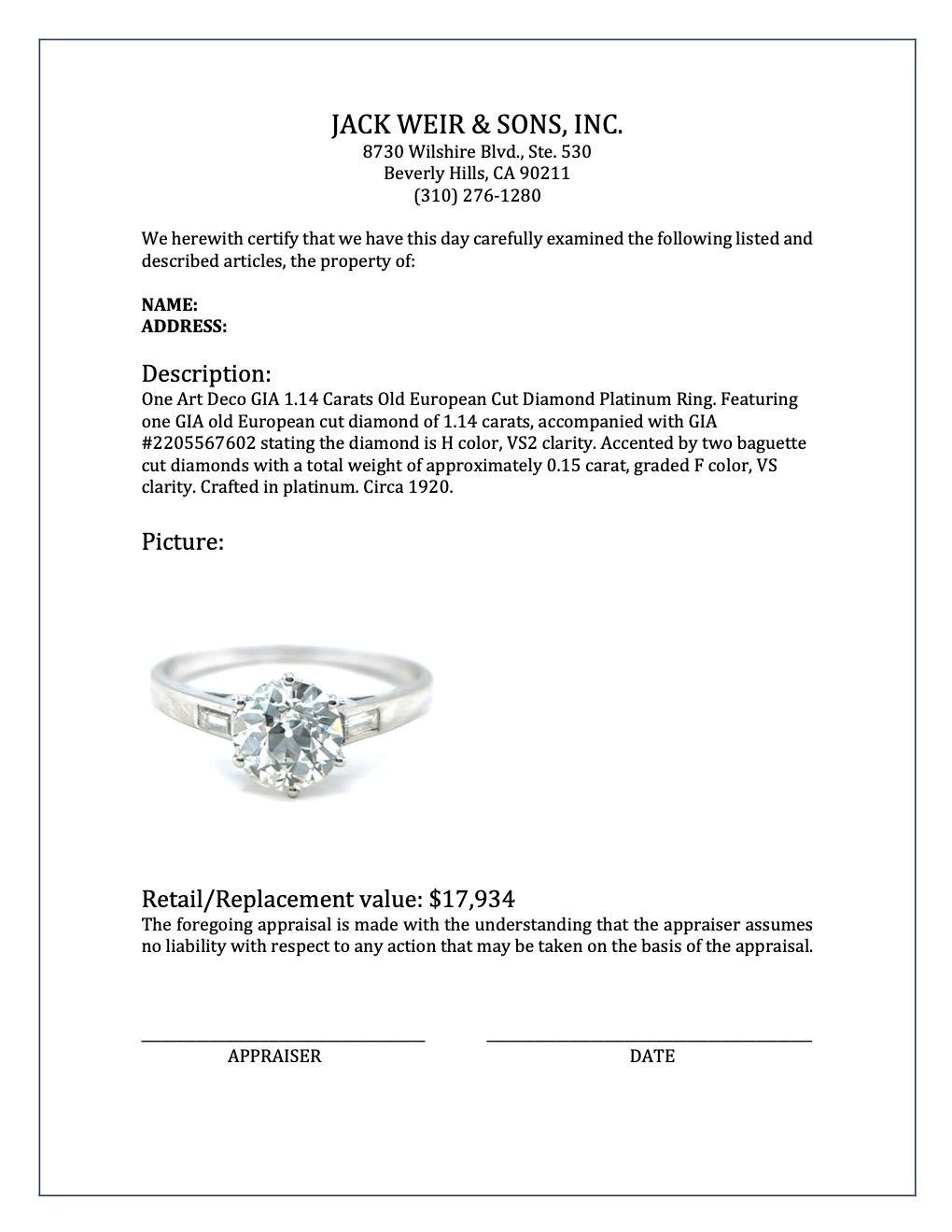 Art Deco GIA 1.14 Carats Old European Cut Diamond Platinum Ring 4