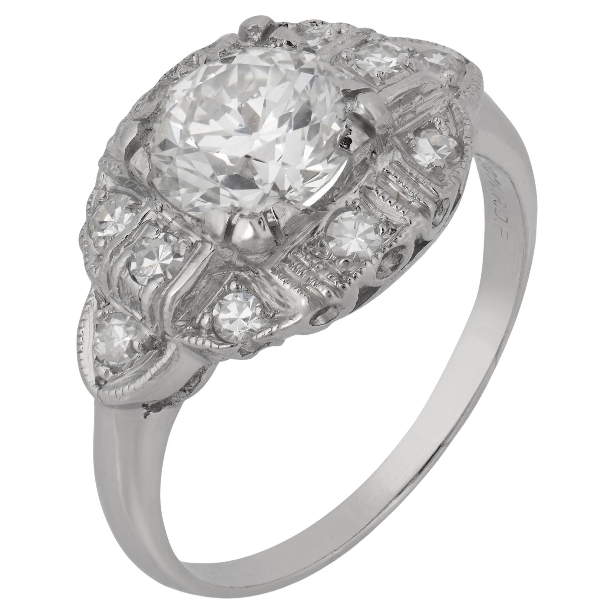 Anillo de compromiso de platino con diamante europeo antiguo Art Déco GIA de 1,15 quilates