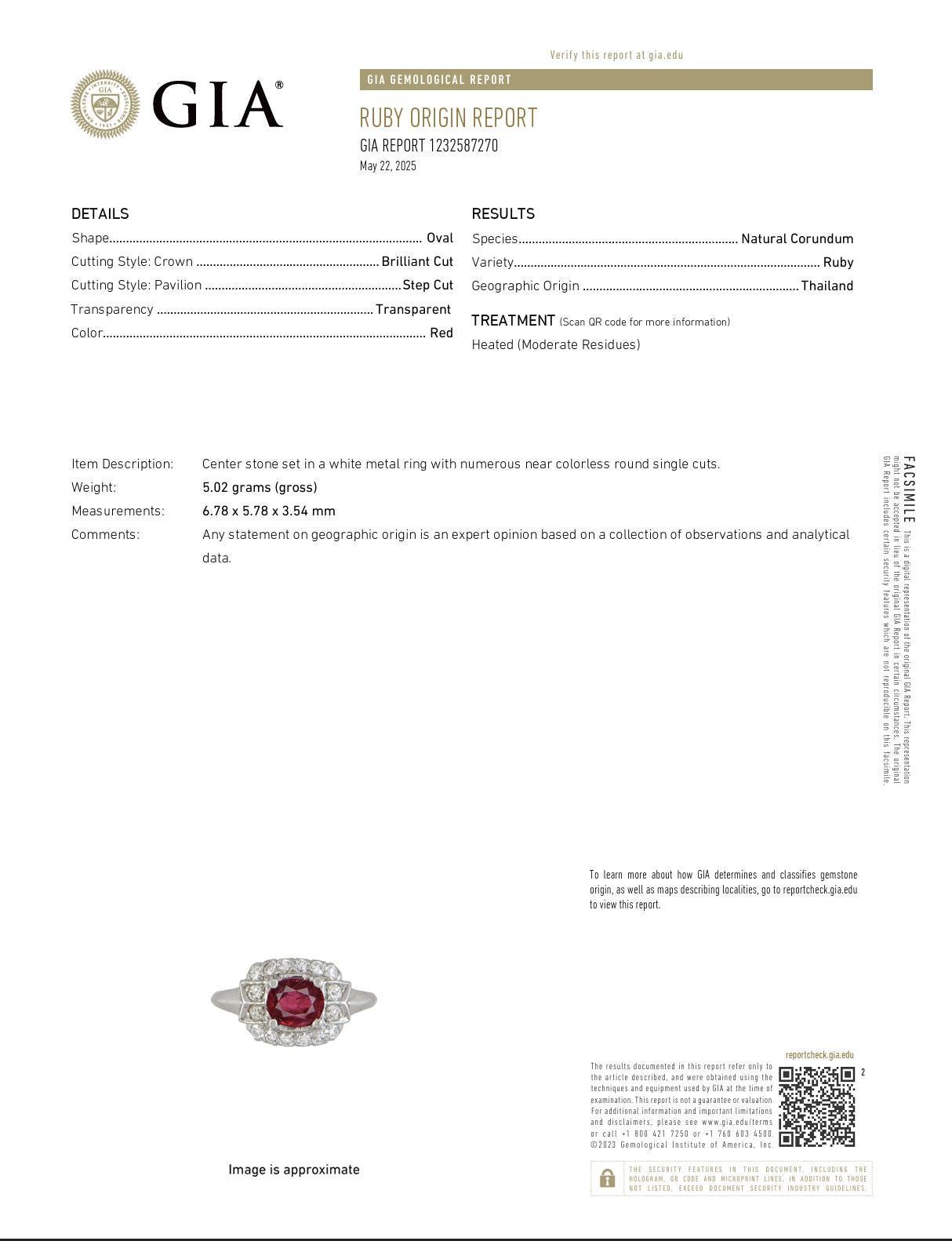 Art Deco GIA 1.15 carat ruby diamond platinum ring en venta 2
