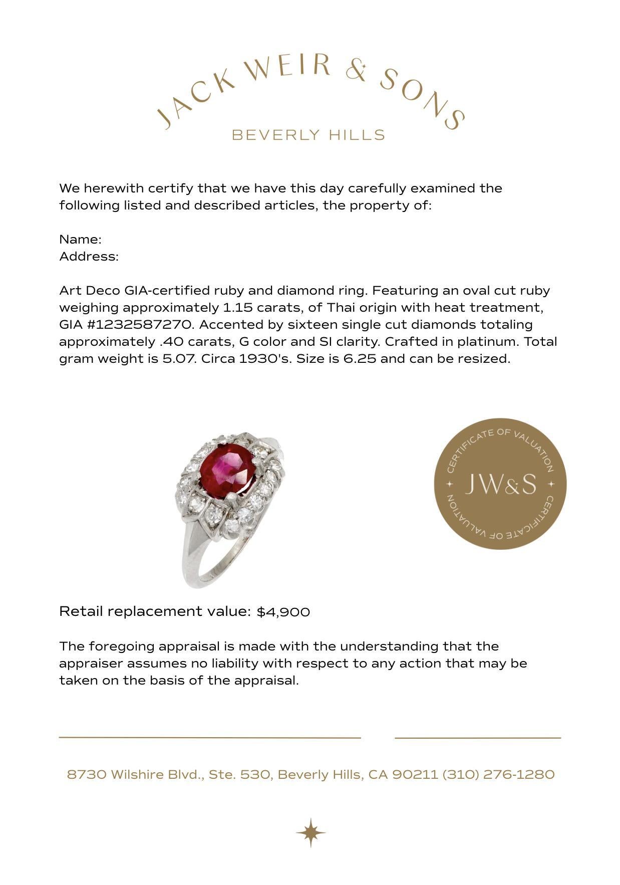 Art Deco GIA 1.15 carat ruby diamond platinum ring en venta 3