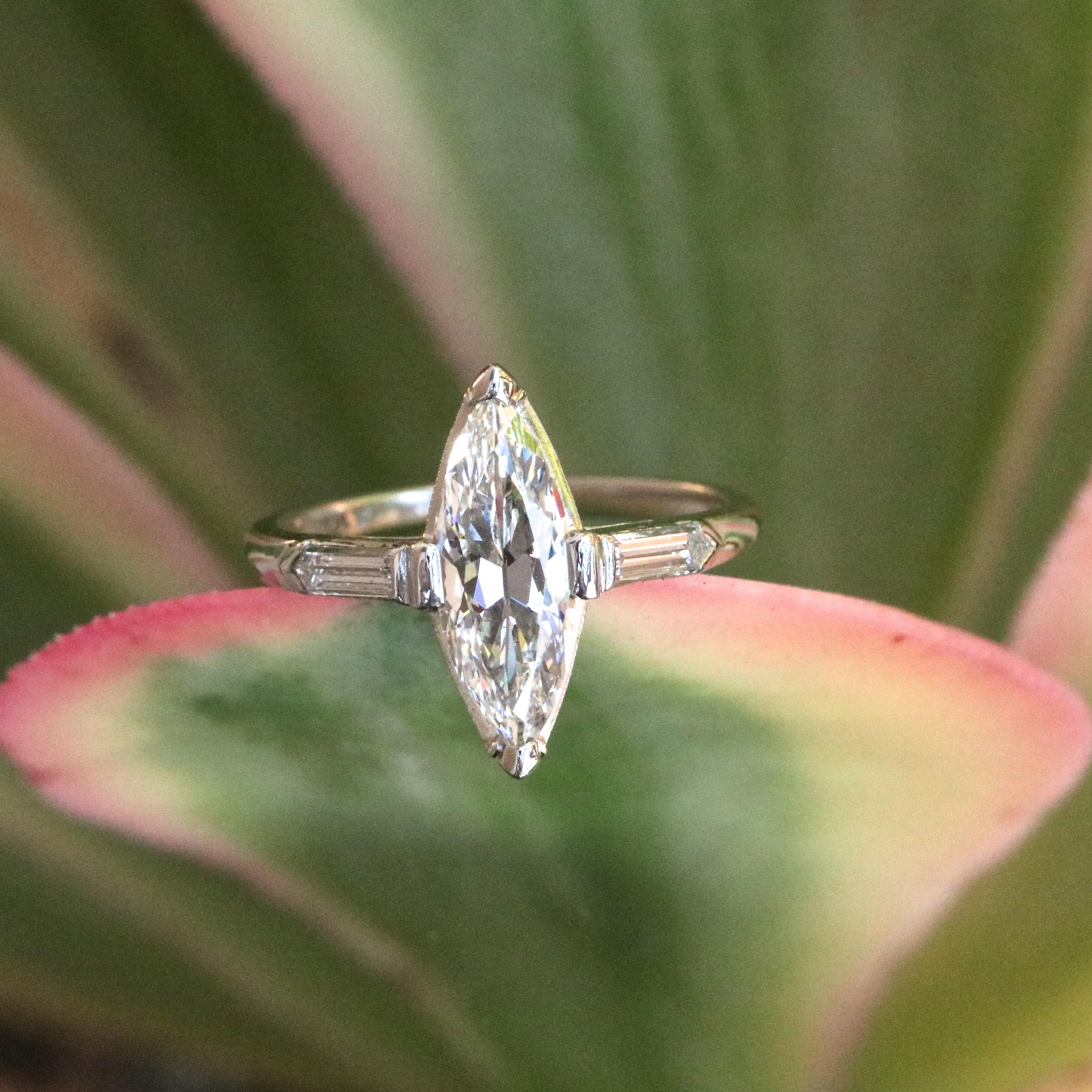 Art Deco GIA 1.15 Marquise Cut Diamond Platinum Engagement Ring 1
