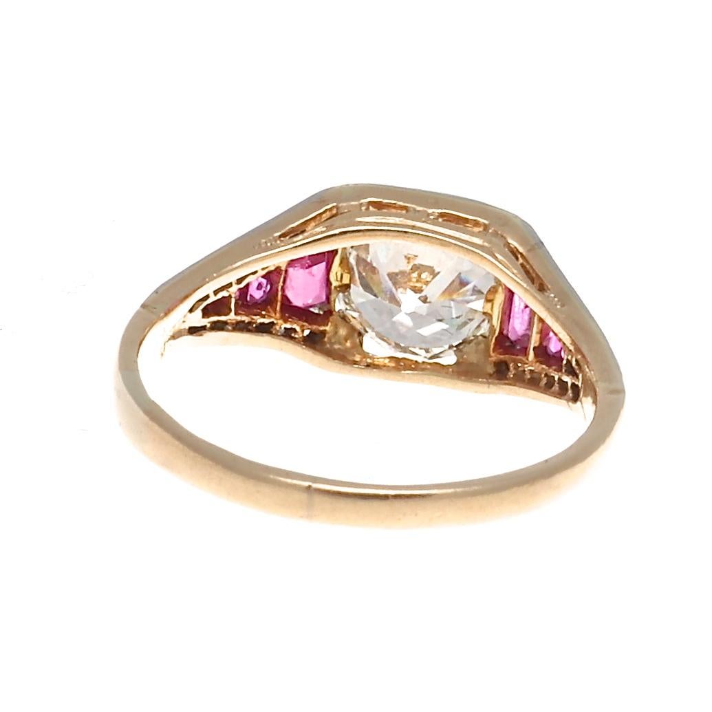 Women's Art Deco GIA 1.16 Carat Old European Cut Diamond Ruby Gold Engagement Ring