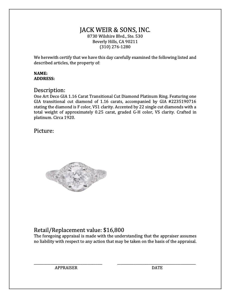 Bague Art déco GIA 1.16 carats de diamants taille transitionnelle en vente 3