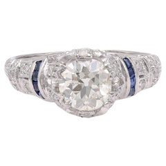 Antique Art Deco GIA 1.17 Carat Diamond Sapphire Platinum Engagement Ring