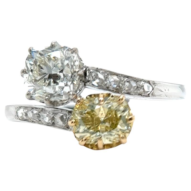 Art Deco GIA1.17 Cushion & 0.72 Fancy Yellow Diamond Platinum Toi Et Moi Ring