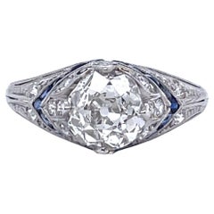 Art Deco GIA 1.18 Carat Diamond Sapphire Platinum Engagement Ring