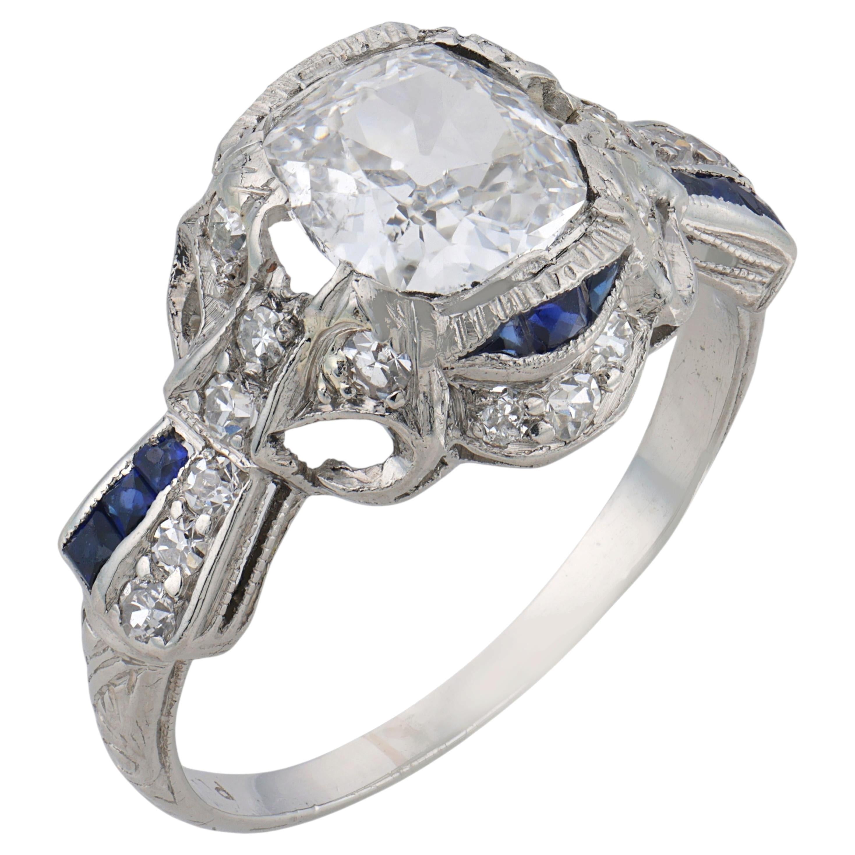 Art Deco GIA 1.18 carat diamond sapphire platinum ring